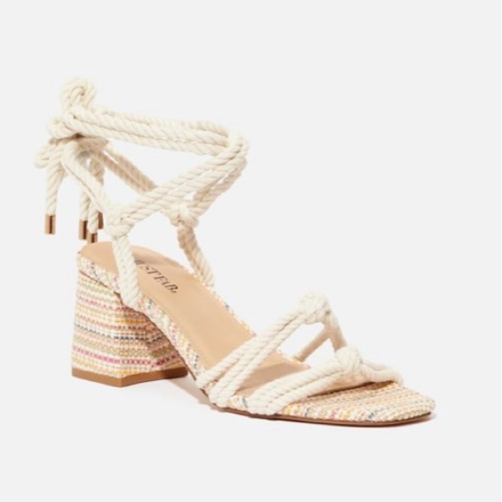 JustFab Call Me Lace Up Natural and Multi Color Heeled Sandal